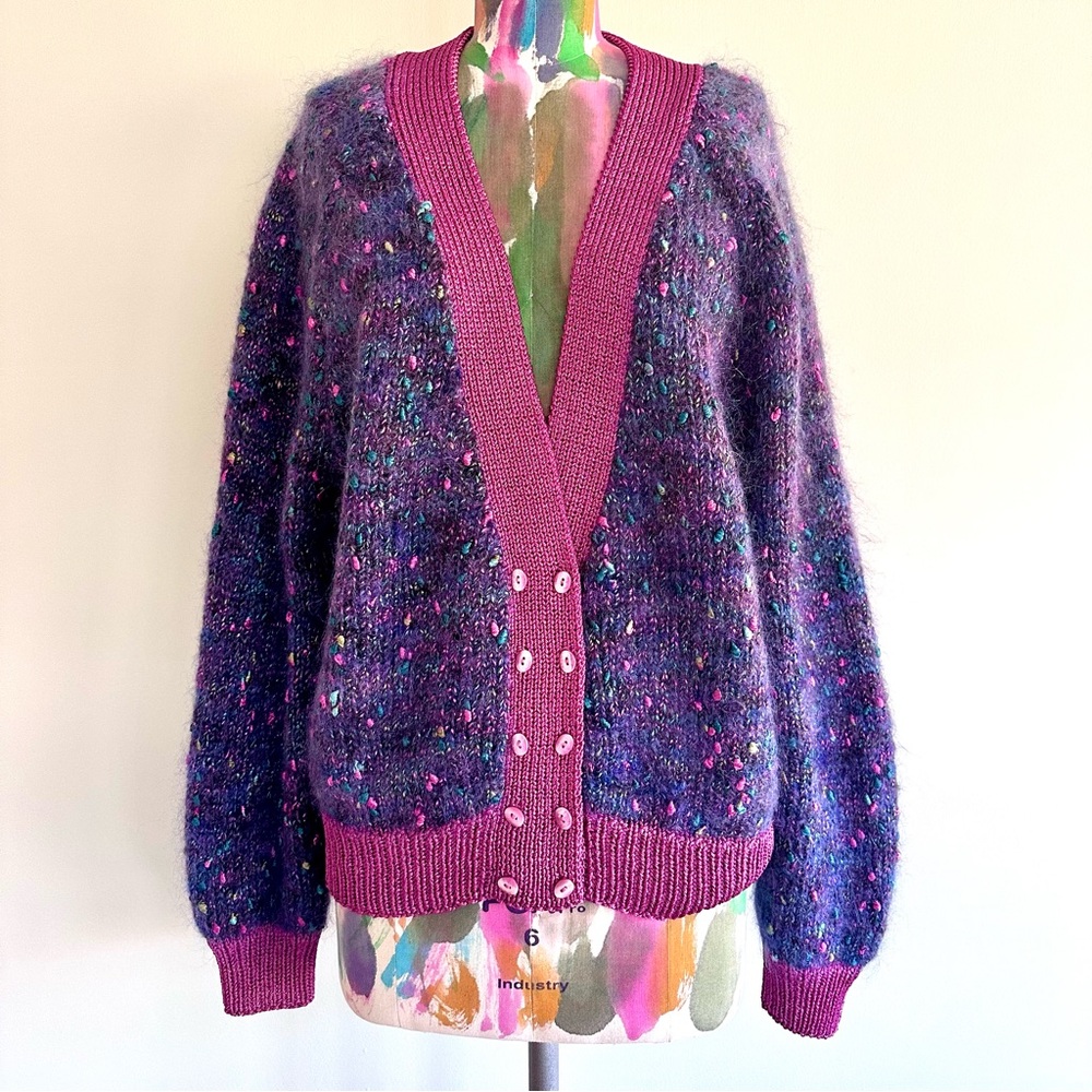 🪸Hand Knit Chunky Cardigan Purple Pink Angora Style Sweater